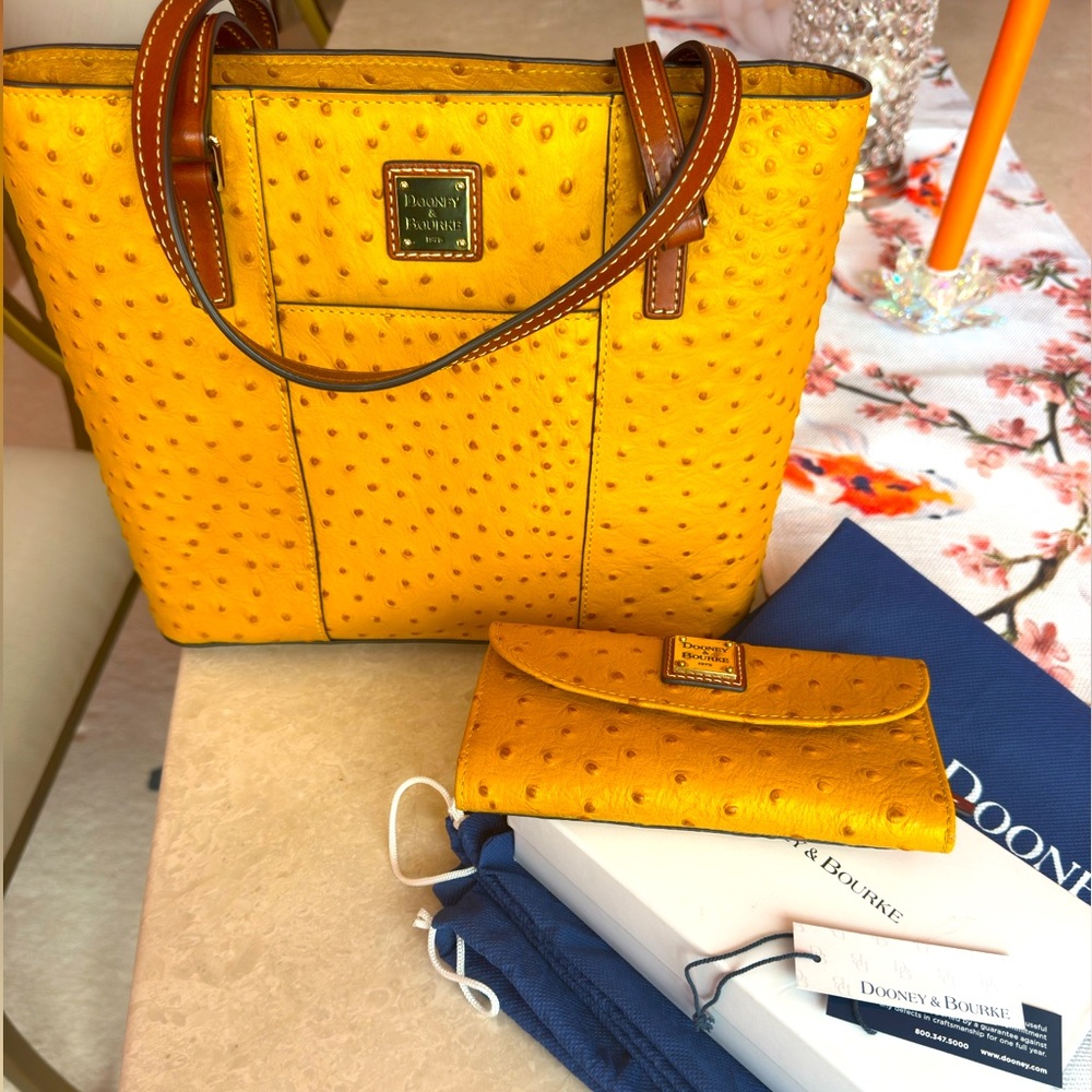 Dooney & Bourke Mustard Ostrich Lexington Tote and Wallet